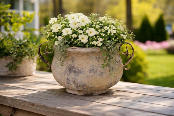 Blumentopf Creme Vintage Keramik – Nostalgischer Pflanztopf Im Landhausstil – Shabby Chic Übertopf Mit Griffen – Dekorativer Blumenübertopf