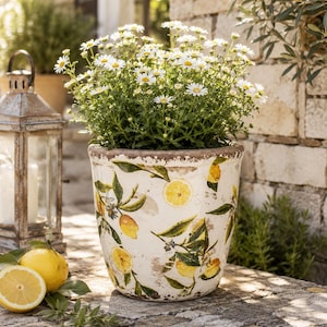 Mediterraner Blumentopf mit Zitronen Design – Vintage Keramik Pflanztopf im Landhaus Stil – Sommerliche Garten & Terrassen Deko