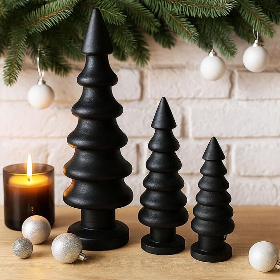 Tannenbaum Holz Schwarz – Moderner Weihnachtsbaum Deko | Minimalistische Weihnachtsdeko Skandi Stil | Handgemachte Holzdeko Weihnachten