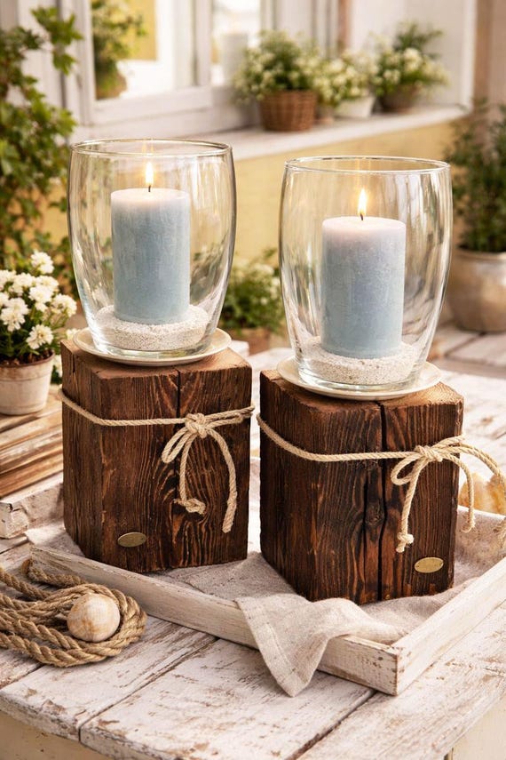 Kerzenständer Kerzenhalter Windlicht Glas Massivholz Altholz Balken Holzbalken Hirsch Dekosäule Holzblock Holzklotz Berghütte Landhaus Herz
