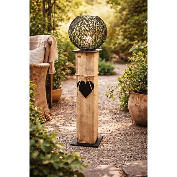 Altholz Säule mit Eisen Windlicht und Glas – rustikale Deko Säule im Industrial Stil – Kerze oder Blumen – Höhe 108 cm