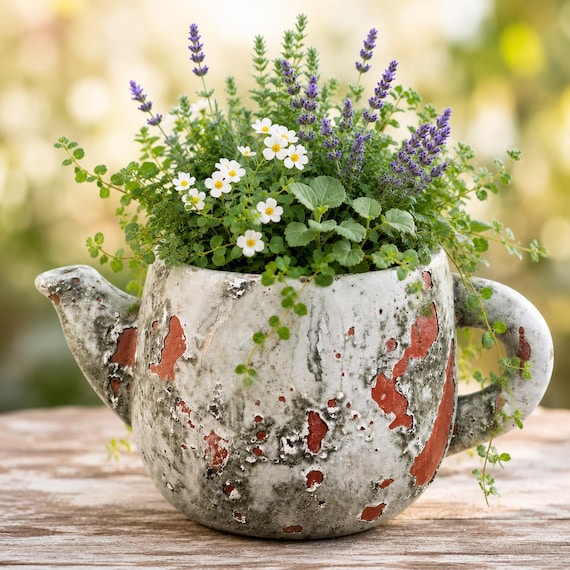 Pflanztasse aus Zement mit Vintage Patina | Rustikaler Blumentopf | Garten Deko Landhausstil | Pflanzgefäß für Terrasse & Balkon