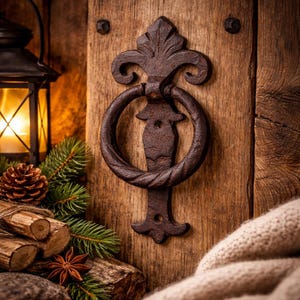 Könnte beinhalten: Ein rustikaler Türklopfer aus dunkelbraunem Metall im antiken Stil, montiert an einer verwitterten Holztür. Der Klopfer hat einen Ringgriff und ein dekoratives Fleur-de-Lis-Design. Eine beleuchtete Laterne, Tannenzapfen und Grünzeug ergänzen die gemütliche, Vintage-Ästhetik.