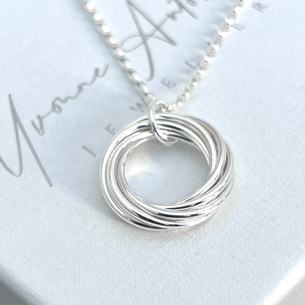 70th birthday gift, sterling silver 7 ring necklace, 7 year anniversary gift, 7 linked ring pendant, gift for mum, gift for grandmother