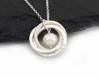 Personalised 3 ring name necklace, June birthstone jewellery, silver Russian ring necklace, gift for Mum, pearl 30th anniversary gift