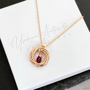 70th birthday gift,  July birthstone necklace, ruby and gold filled 7 linked ring necklace, gift for her, gift for Mum, 7 decade gift