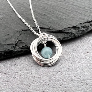 Aquamarine and sterling silver 6 ring necklace, March birthstone necklace, 60th birthday gift for her