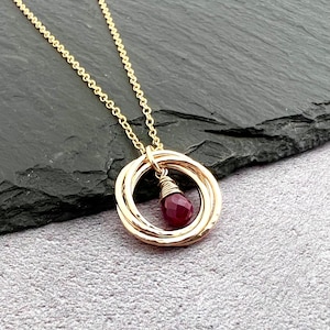40th anniversary gift, ruby July birthstone necklace, 40th birthday gift, ruby and gold filled 4 linked ring necklace, gift for her