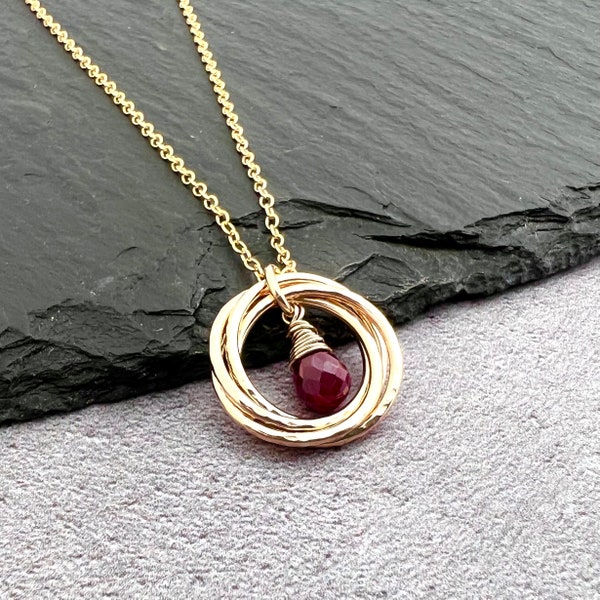 40th anniversary gift, ruby July birthstone necklace, 40th birthday gift, ruby and gold filled 4 linked ring necklace, gift for her