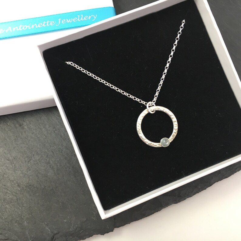Aquamarine necklace mothers day gift March birthstone necklace aquamarine and sterling silver hammered circle 19th wedding anniversary