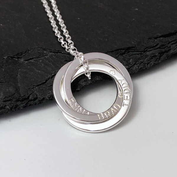 Personalised 3 ring name necklace, sterling silver Russian ring necklace, childrens name pendant, birthday gift for mum, Mother’s Day gift