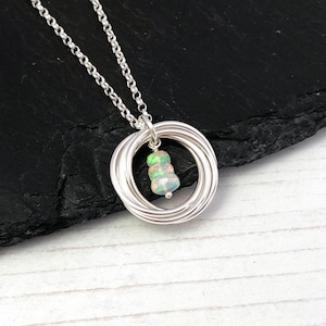 Opal and sterling silver 5 ring necklace, October birthstone necklace, 50th birthday gift for her, silver 5 linked rings necklace with opal
