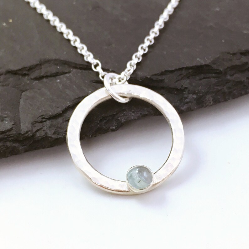 Aquamarine necklace mothers day gift March birthstone necklace aquamarine and sterling silver hammered circle 19th wedding anniversary