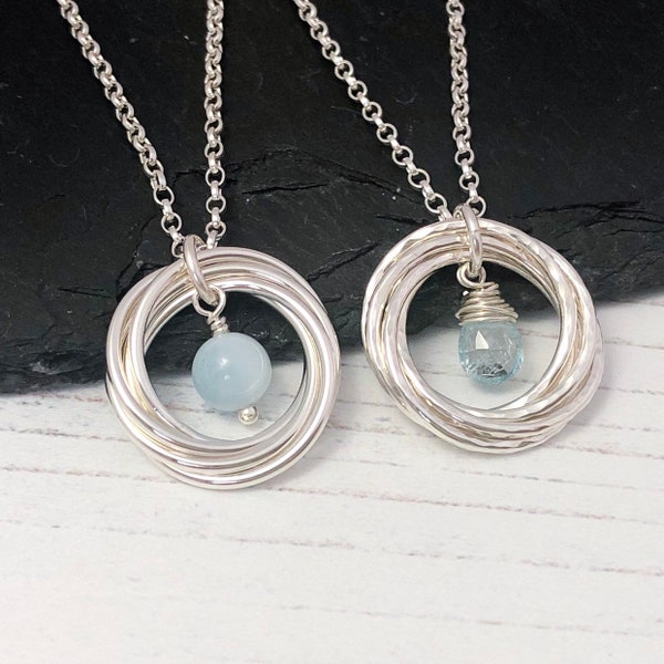 Aquamarine and sterling silver 5 ring necklace, March birthstone necklace, 50th birthday gift for her
