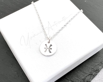 Pisces sterling silver zodiac necklace, Pisces star sign necklace, hand stamped Pisces charm necklace, gift for teenager