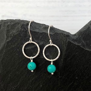 Turquoise and sterling silver drop earrings, December birthstone earrings, gift for sister, hammered silver ring earrings, Christmas gift