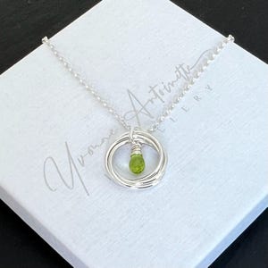 Peridot and sterling silver 4 linked ring necklace, August birthstone necklace, 40th birthday gift, Christmas gift for her