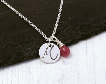 Ruby personalised initial necklace, July birthstone necklace, silver initial pendant, July birthday gift, 40th anniversary, gift for her