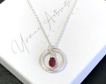 Ruby and sterling silver 3 linked ring necklace, July birthstone 30th birthday gift, Christmas gift for her, gift for wife