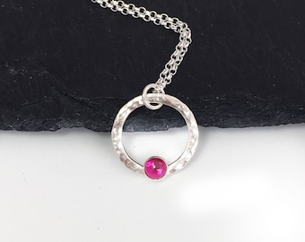 Ruby and sterling silver hammered circle necklace, July birthstone circle pendant, 40th anniversary gift