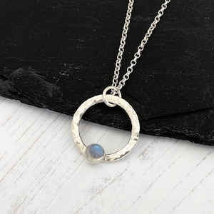 Moonstone and sterling silver hammered circle necklace, June birthstone pendant, birthstone Christmas gift for her, ring necklace
