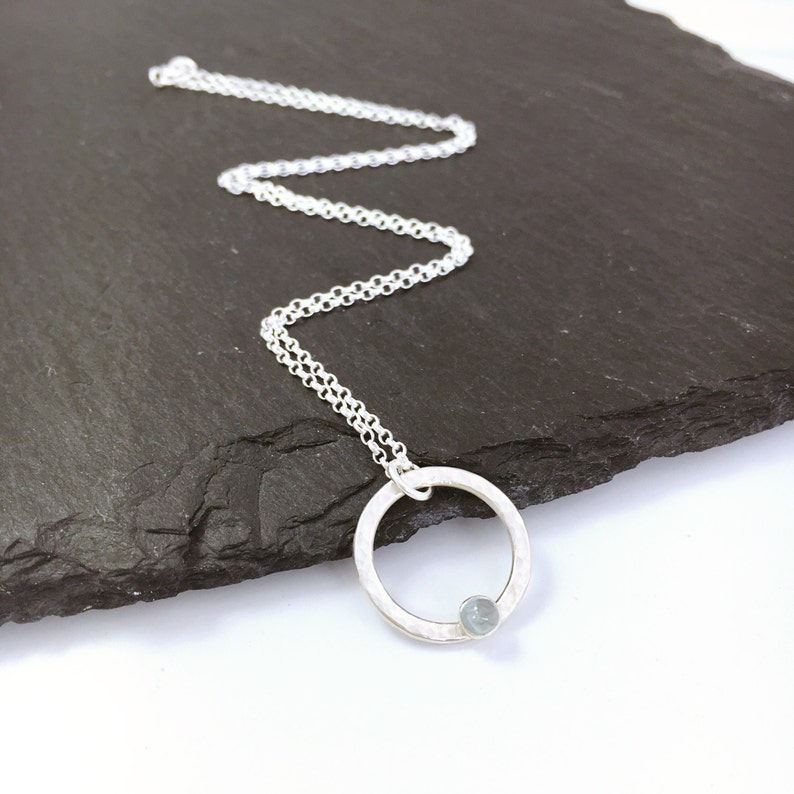 Aquamarine necklace mothers day gift March birthstone necklace aquamarine and sterling silver hammered circle 19th wedding anniversary
