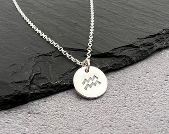 Sterling silver aquarius zodiac necklace, Aquarius star sign necklace, hand stamped Aquarius charm necklace, Christmas gift for teenager