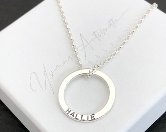 Personalised sterling silver ring necklace, circle name necklace , gift for new Mum, children name necklace, Mother’s Day gift