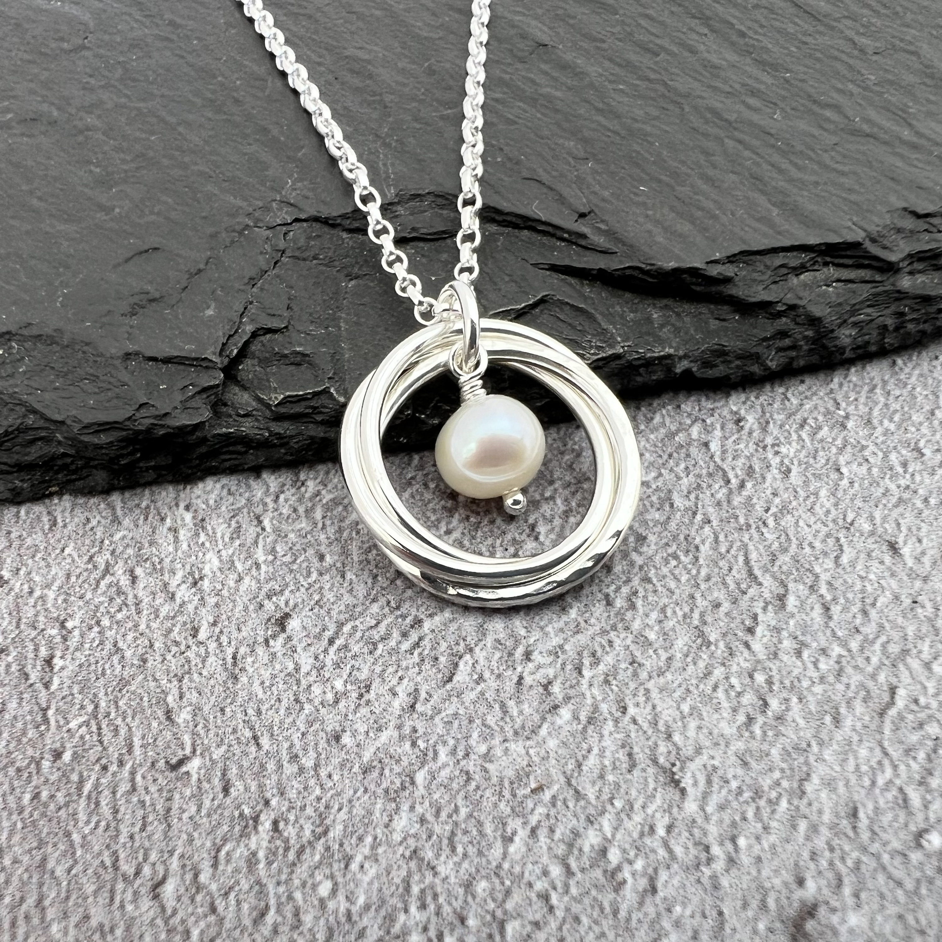 Sterling Silver 3 Ring Pearl Necklace, 30th Anniversary Gift, 30th