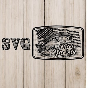 May include: Black and white SVG design featuring a largemouth bass leaping from water in front of an American flag. The words "Ditch Pickle" are below the fish. The word "SVG" is on the left side of the image.