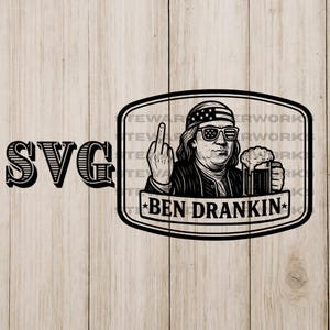 May include: Black and white graphic of Benjamin Franklin wearing sunglasses and a bandana with the American flag design, holding a beer and giving the middle finger. The text "BEN DRANKIN" is below the image.