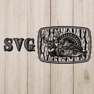 May include: Black and white SVG design featuring a buck, turkey, and bass within a rectangular frame with a wood grain background. The word "SVG" is displayed in a bold, stylized font to the left of the frame. Ideal for hunting and outdoor-themed projects.