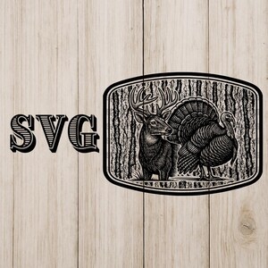 May include: Black and white illustration of a buck deer and a turkey inside a rectangular frame with a wood grain background. The word "SVG" is to the left of the frame. The image is on a light wood background.