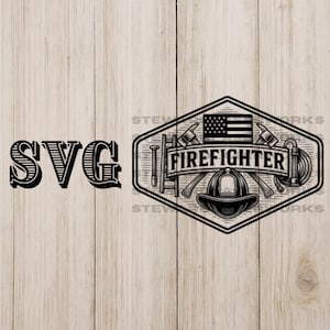 May include: Black and white graphic with the word "SVG" on the left and a firefighter emblem on the right. The emblem features an American flag, axes, a helmet, and the word "FIREFIGHTER".