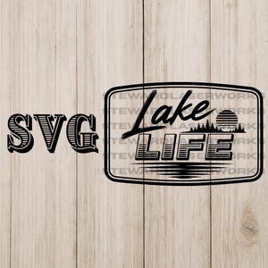 Puede incluir: Diseño SVG en blanco y negro con el texto "SVG" y un gráfico rectangular con "Lake Life". El gráfico incluye un sol, árboles y agua, perfecto para manualidades con temática de lago.