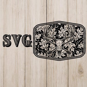 May include: Black and white SVG design featuring a deer skull with crossed arrows, set against a backdrop of oak leaves. The design is framed within a rectangular border and includes the letters "SVG" in a bold, stylized font.
