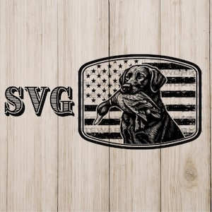 May include: Black and white illustration of a Labrador Retriever holding a duck in its mouth, set against an American flag design. The word "SVG" is displayed in a decorative font.