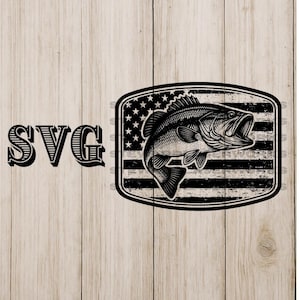 May include: Black and white graphic of a largemouth bass with an open mouth, set against a distressed American flag design. The word "SVG" is to the left of the fish image, all on a wood grain background.