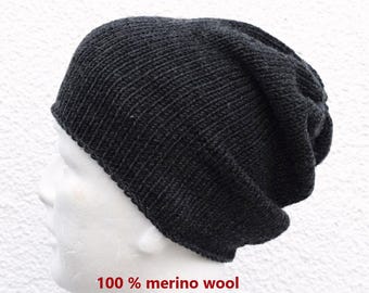 Merino wool mens slouchy beanie hat for winter Knit mens beanie Soft wool slouchy fit beanie Minimalist style beanie
