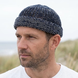 Blue docker beanie – thin linen knit summer hat, mens lightweight cap