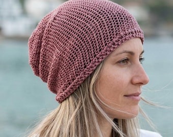 Slouchy Summer Beanie Women, Thin Cotton Knit Hat, Lightweight Mesh Beanie, Curly Hair Beanie, Womens Summer Hat