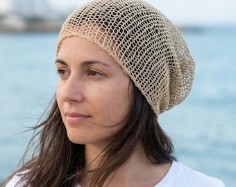 Thin linen beanie for women Lightweight slouchy open weave beanie Minimalist linen hat Neutral linen beanie