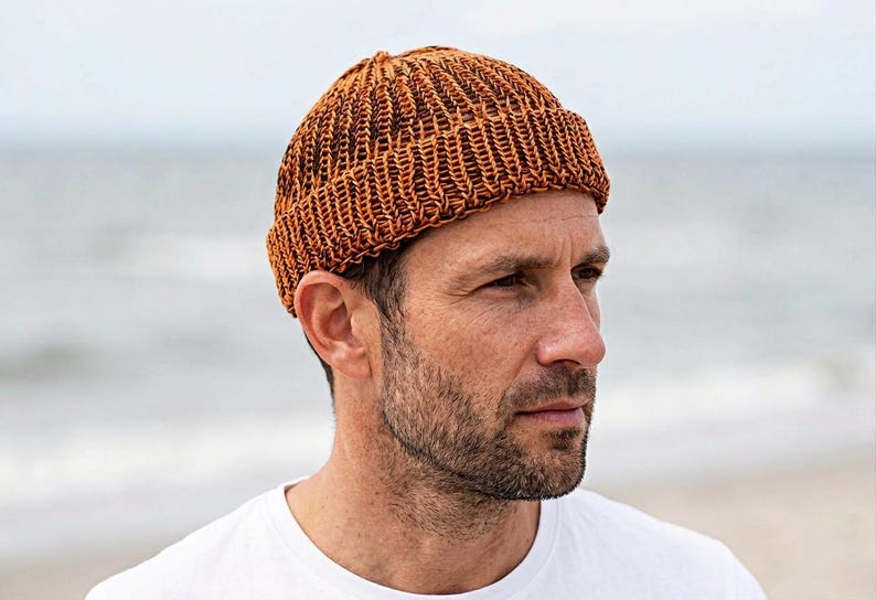 Mens summer Fisherman Docker beanie in orange and black, 100% cotton, lightweight and breathable knit, perfect for casual city style, beach walks, and warm weather
