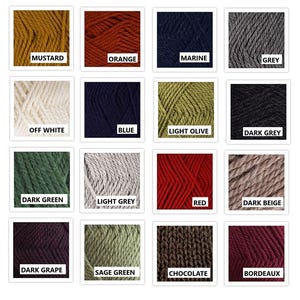 K&ouml;nnte beinhalten: Ein Raster aus sechzehn quadratischen Mustern, die verschiedene Garnfarben zeigen, darunter Senf, Orange, Marine, Grau, Off-White, Blau, Helloliv, Dunkelgrau, Dunkelgr&uuml;n, Hellgrau, Rot, Dunkelbeige, Dunkeltraube, Salbeigr&uuml;n, Schokolade und Bordeaux.