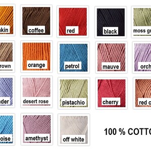 May include: A collection of yarn skeins in various colors, including pumpkin, coffee, red, black, and moss green. Additional colors are light brown, orange, petrol, mauve, and orchid. The image also shows lavender, desert rose, pistachio, cherry, red clay, turquoise, amethyst, and off-white. The text reads "100% COTTON."