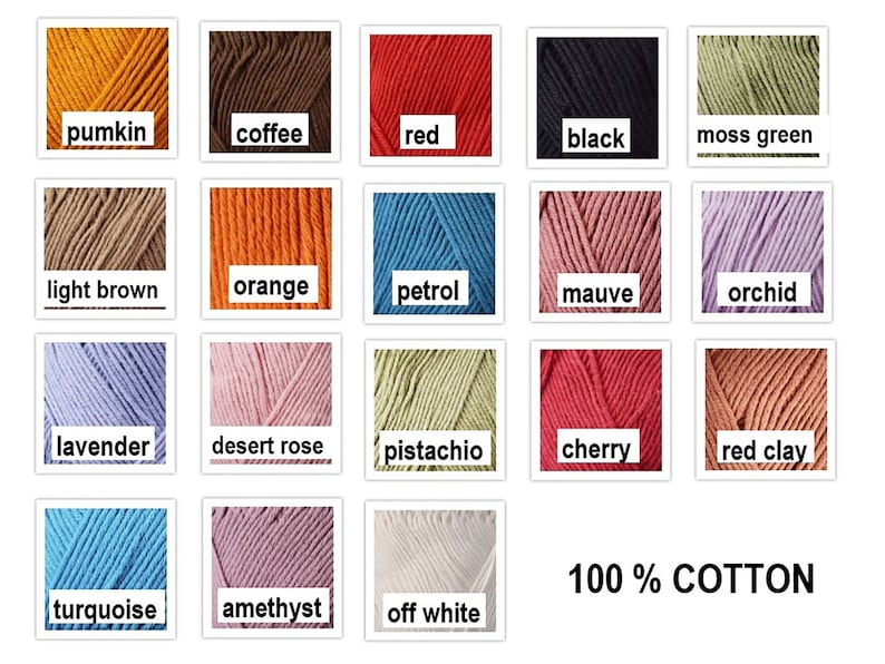 May include: A collection of yarn skeins in various colors, including pumpkin, coffee, red, black, and moss green. Additional colors are light brown, orange, petrol, mauve, and orchid. The image also shows lavender, desert rose, pistachio, cherry, red clay, turquoise, amethyst, and off-white. The text reads "100% COTTON."