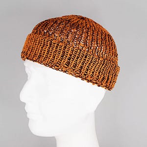 Mens summer Fisherman Docker beanie in orange and black, 100% cotton, lightweight and breathable knit, perfect for casual city style, beach walks, and warm weather