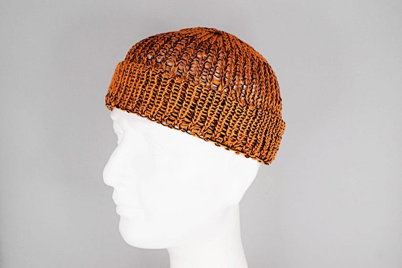 Mens summer Fisherman Docker beanie in orange and black, 100% cotton, lightweight and breathable knit, perfect for casual city style, beach walks, and warm weather