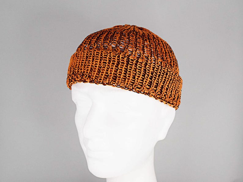 Mens summer Fisherman Docker beanie in orange and black, 100% cotton, lightweight and breathable knit, perfect for casual city style, beach walks, and warm weather
