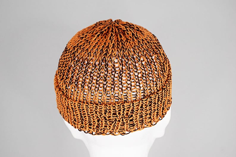 Mens summer Fisherman Docker beanie in orange and black, 100% cotton, lightweight and breathable knit, perfect for casual city style, beach walks, and warm weather